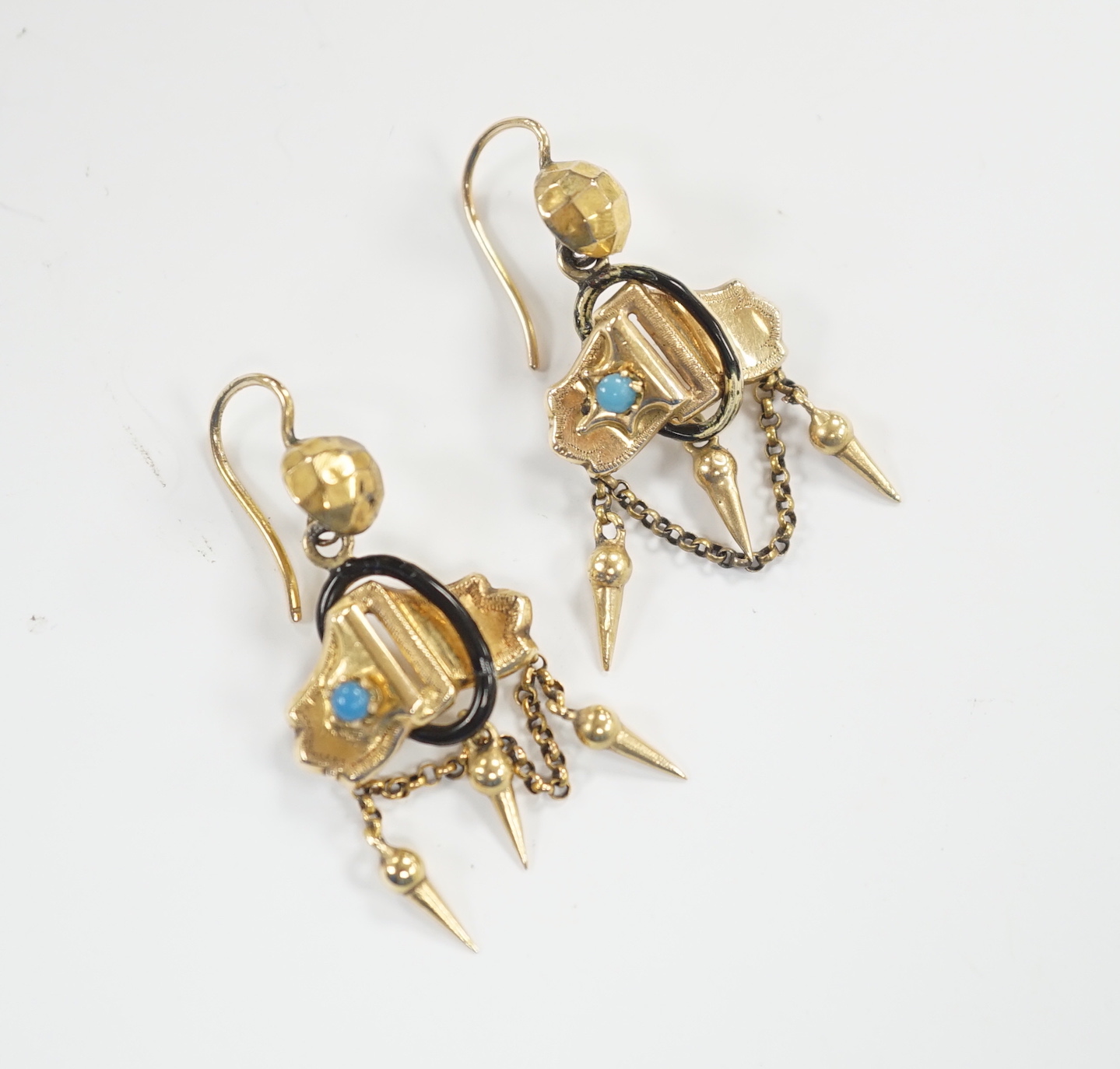 A pair of Edwardian yellow metal, black enamel and turquoise coloured bead set drop tassel earrings, 35mm, gross weight 3.7 grams.